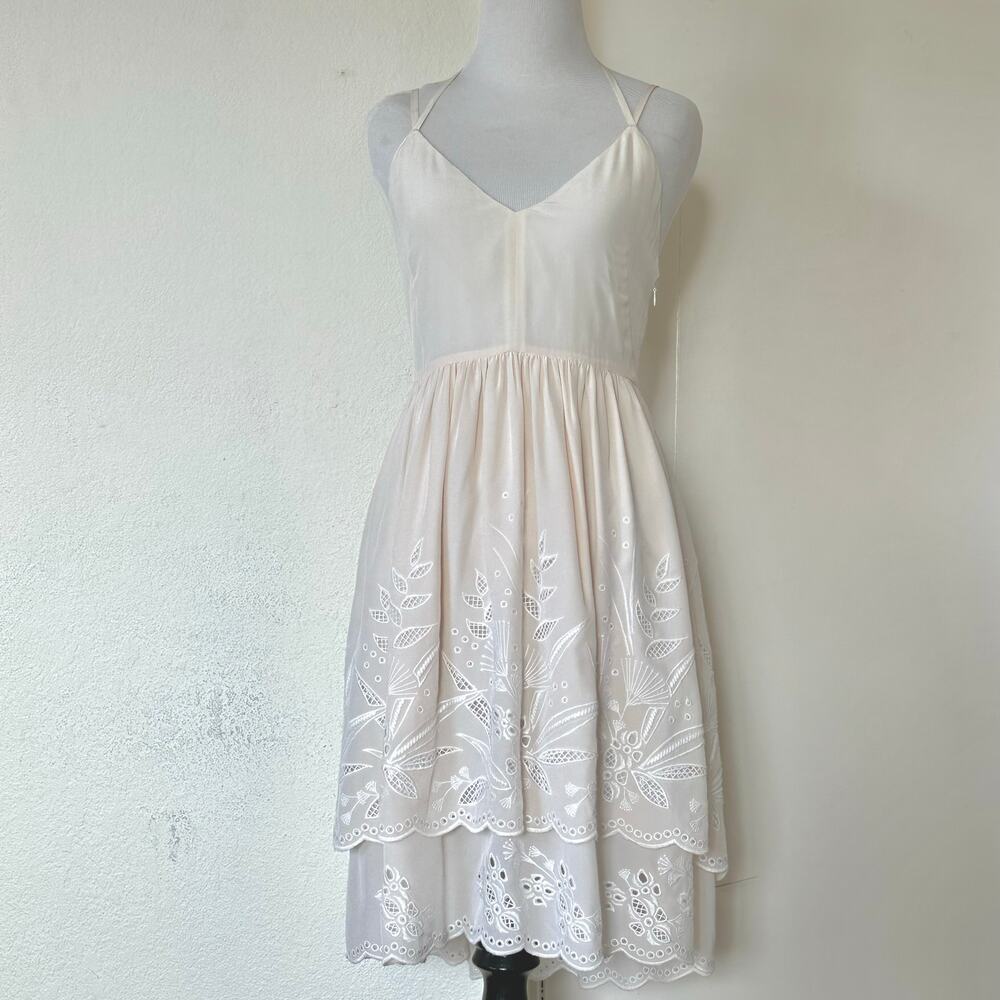 Rebecca Minkoff 100% Silk Embroidered Midi Dress Ivory Boho Size 0